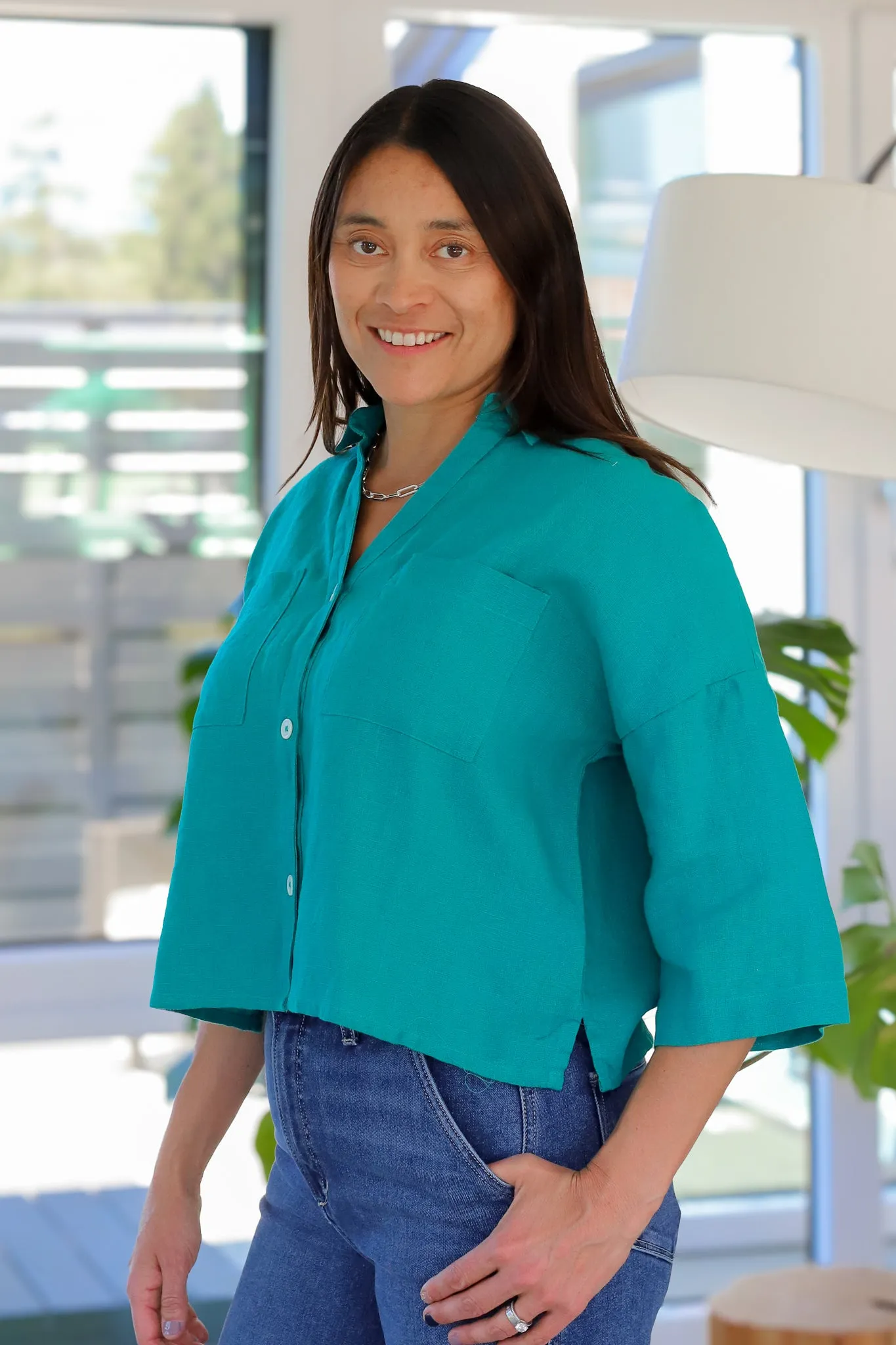 BIBICO Ava Oversized Blouse in Jade Linen