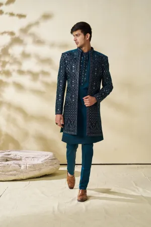 Dark Blue Jacket Set Geometric Motif Embroidery