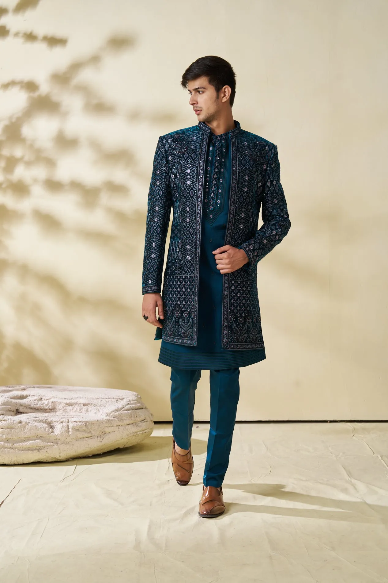 Dark Blue Jacket Set Geometric Motif Embroidery