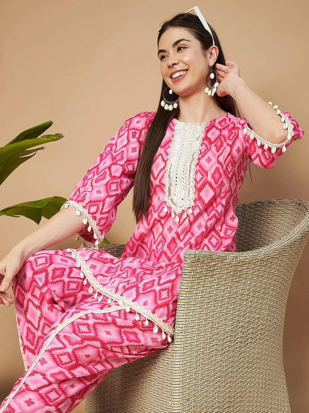 Designer Geometric Cotton Kurti and Dhoti Set for Women