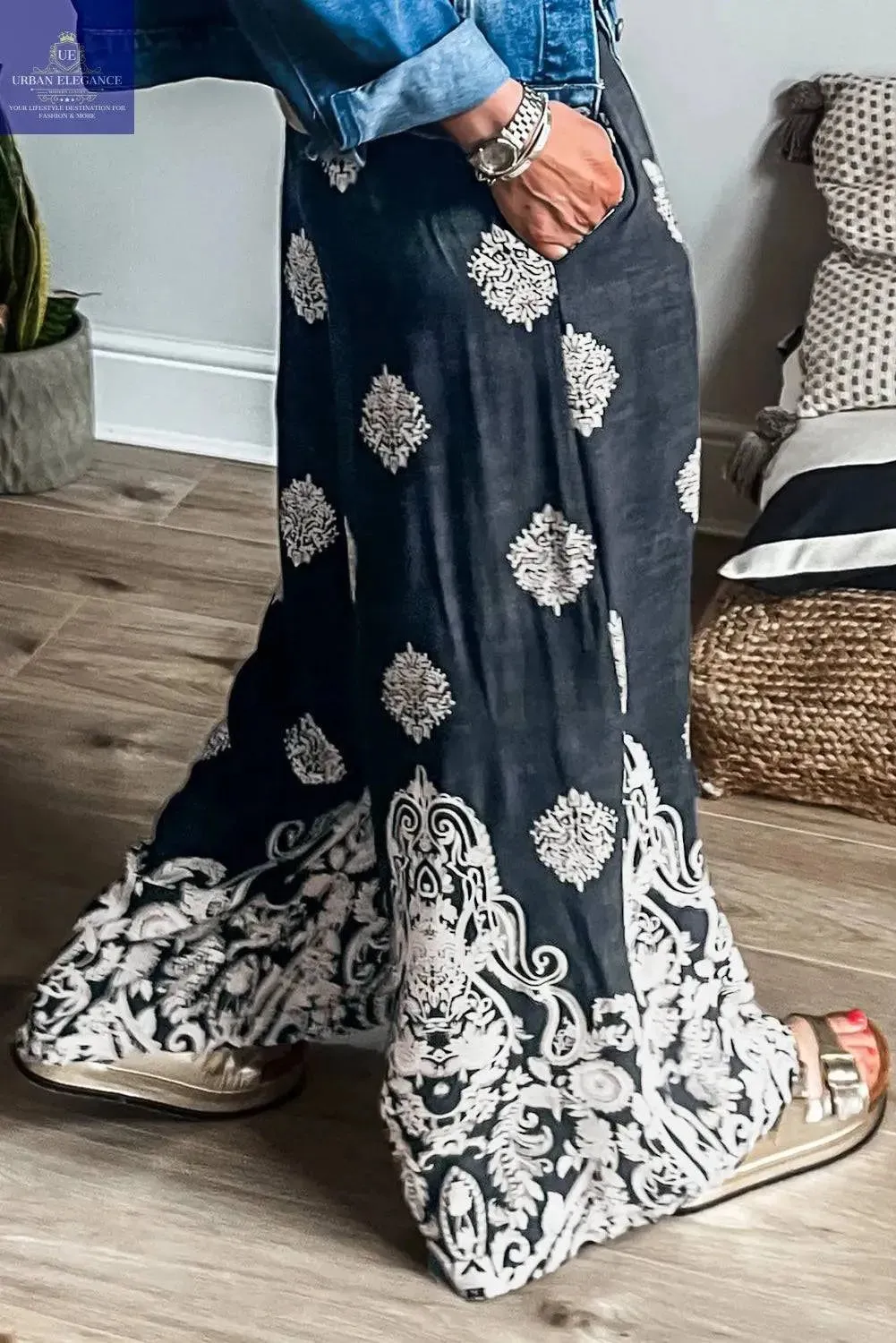 Ethnic Print Drawstring Wide Leg Pants