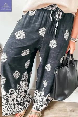 Ethnic Print Drawstring Wide Leg Pants