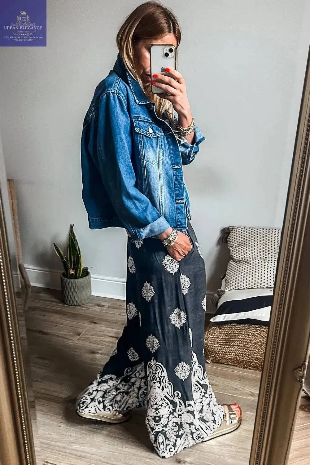 Ethnic Print Drawstring Wide Leg Pants