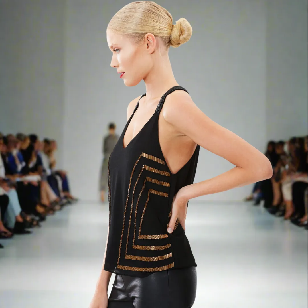 Geometric Beaded V-Neck Top