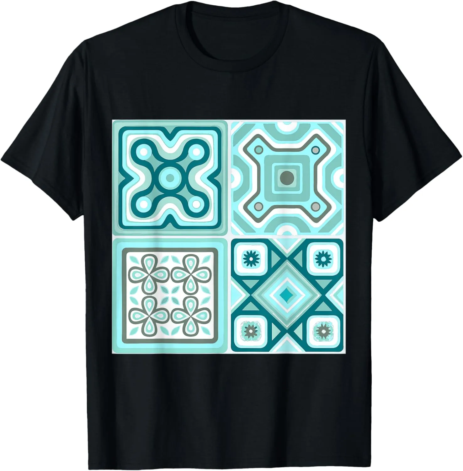 Geometric Squares Aqua and Turquoise Mediterranean Pattern T-Shirt
