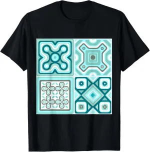 Geometric Squares Aqua and Turquoise Mediterranean Pattern T-Shirt