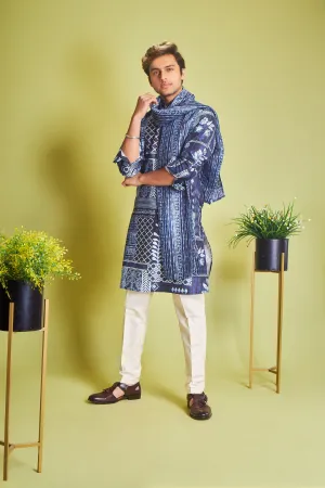 Indigo Blue Silk Kurta With Traditional Geometric Print