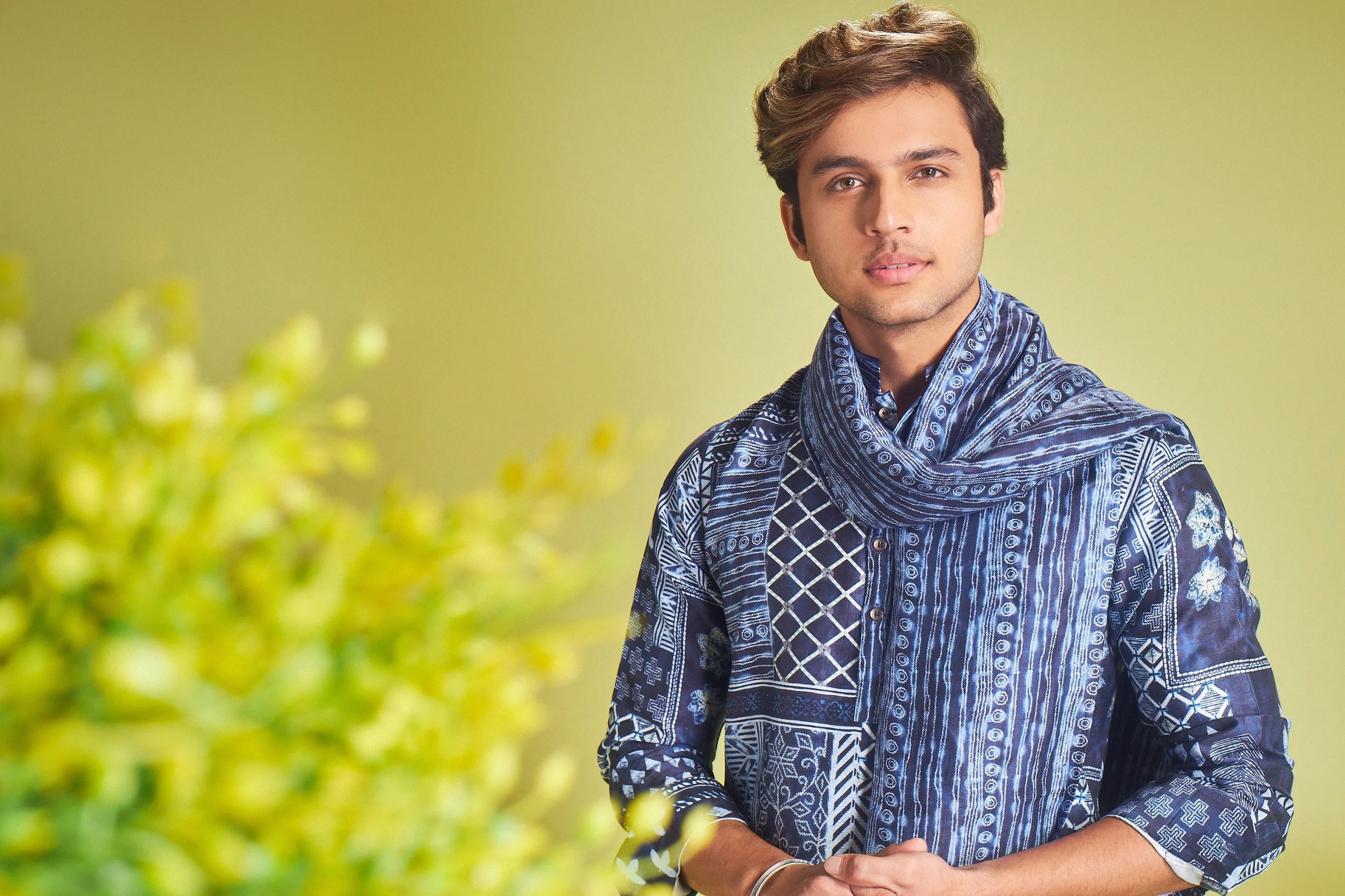 Indigo Blue Silk Kurta With Traditional Geometric Print