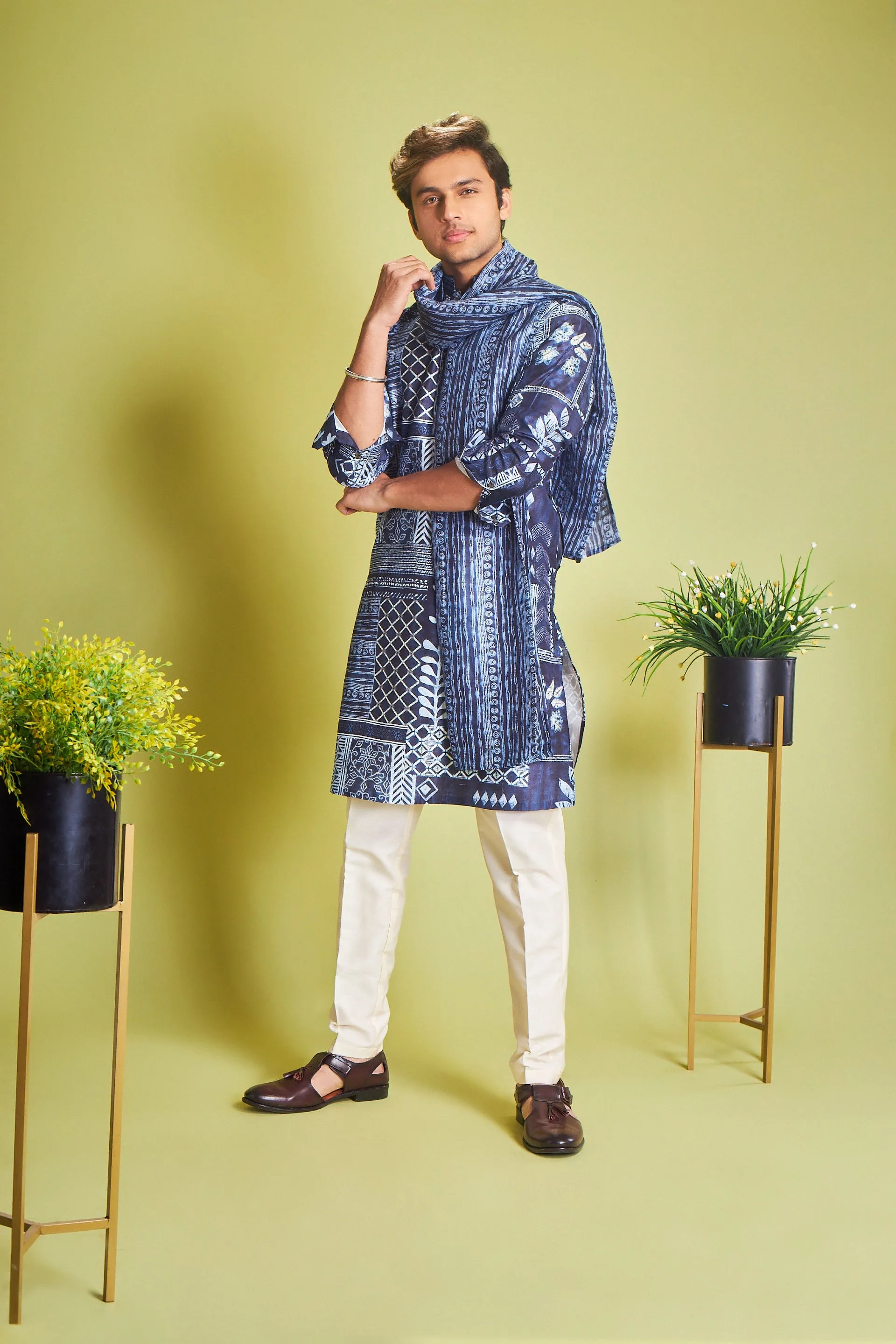 Indigo Blue Silk Kurta With Traditional Geometric Print