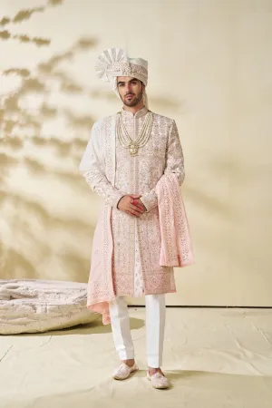 Ivory/Peach Sherwani Set with Geometric Embroidery