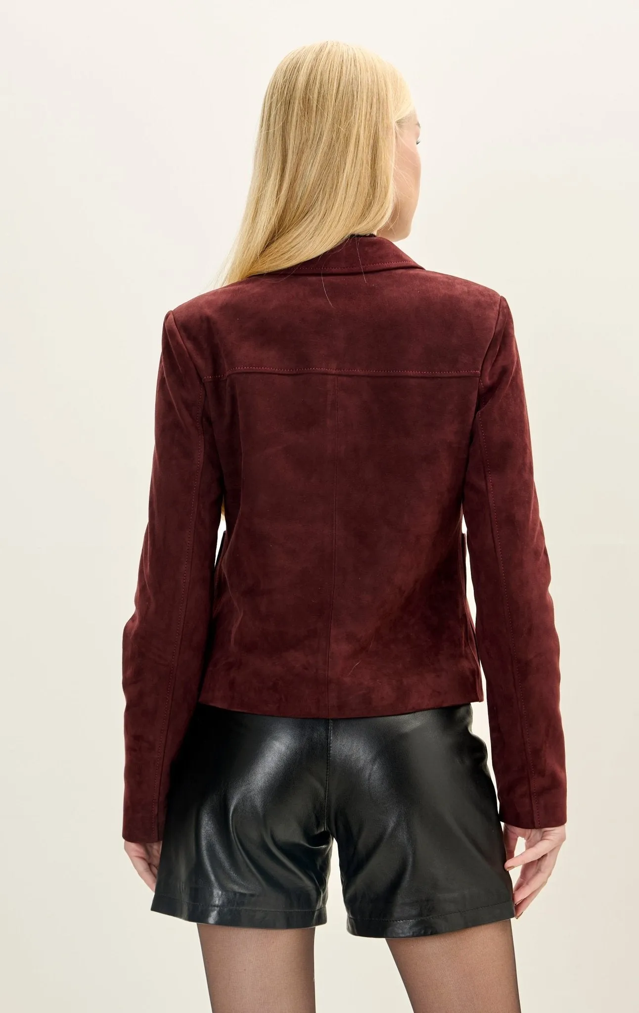 Lambskin Leather Short Suede Jacket - Burgundy