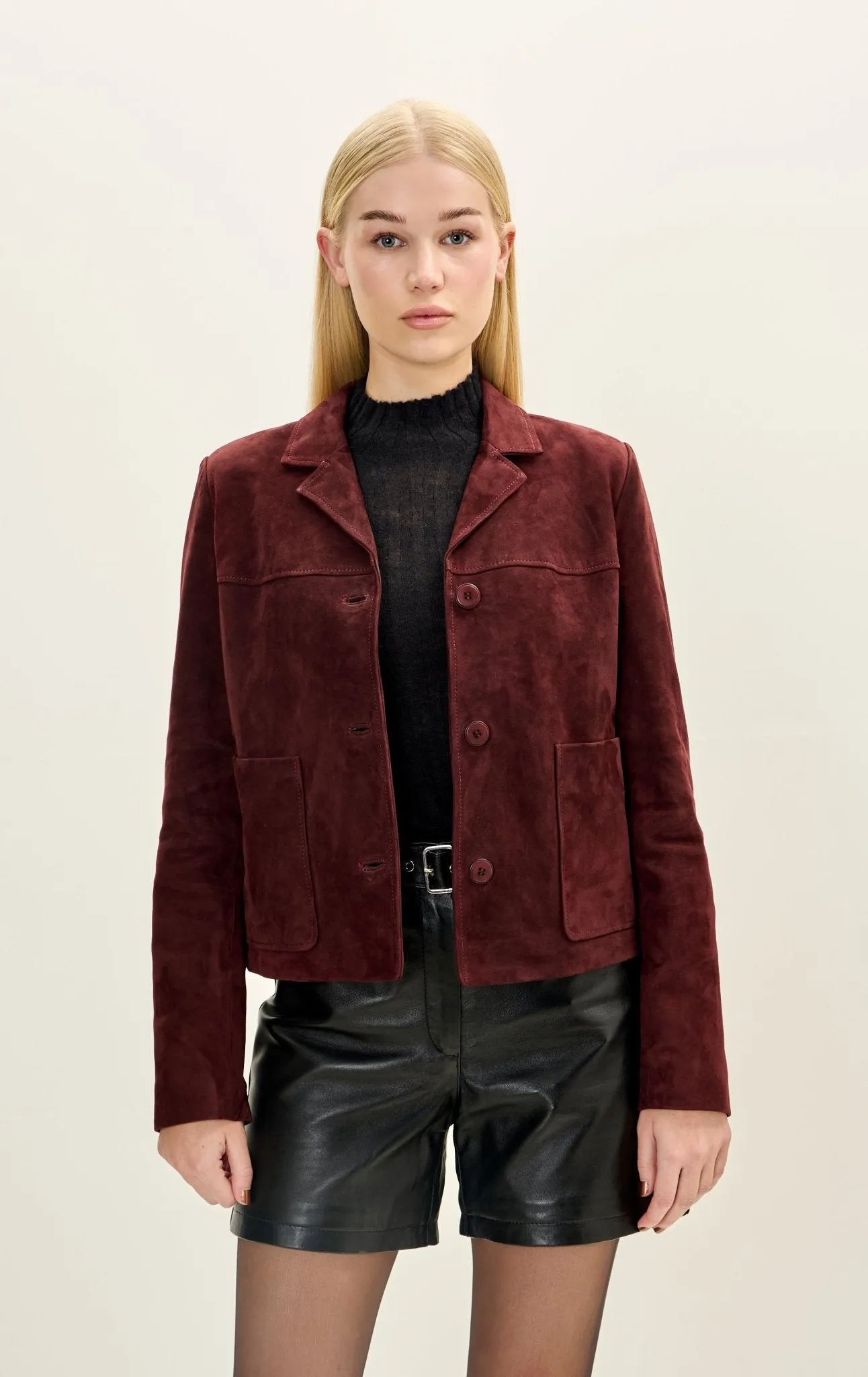 Lambskin Leather Short Suede Jacket - Burgundy
