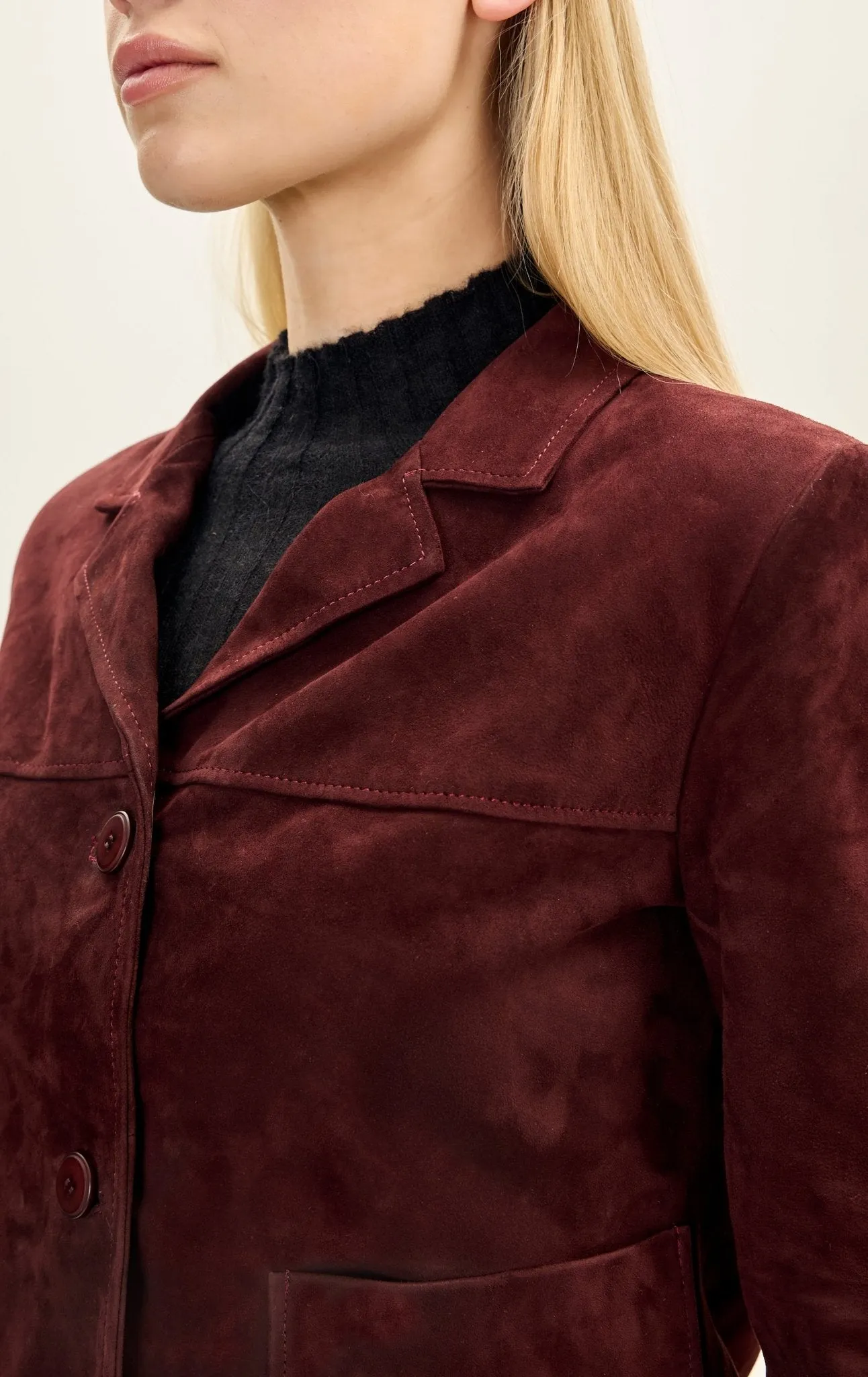 Lambskin Leather Short Suede Jacket - Burgundy