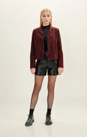 Lambskin Leather Short Suede Jacket - Burgundy
