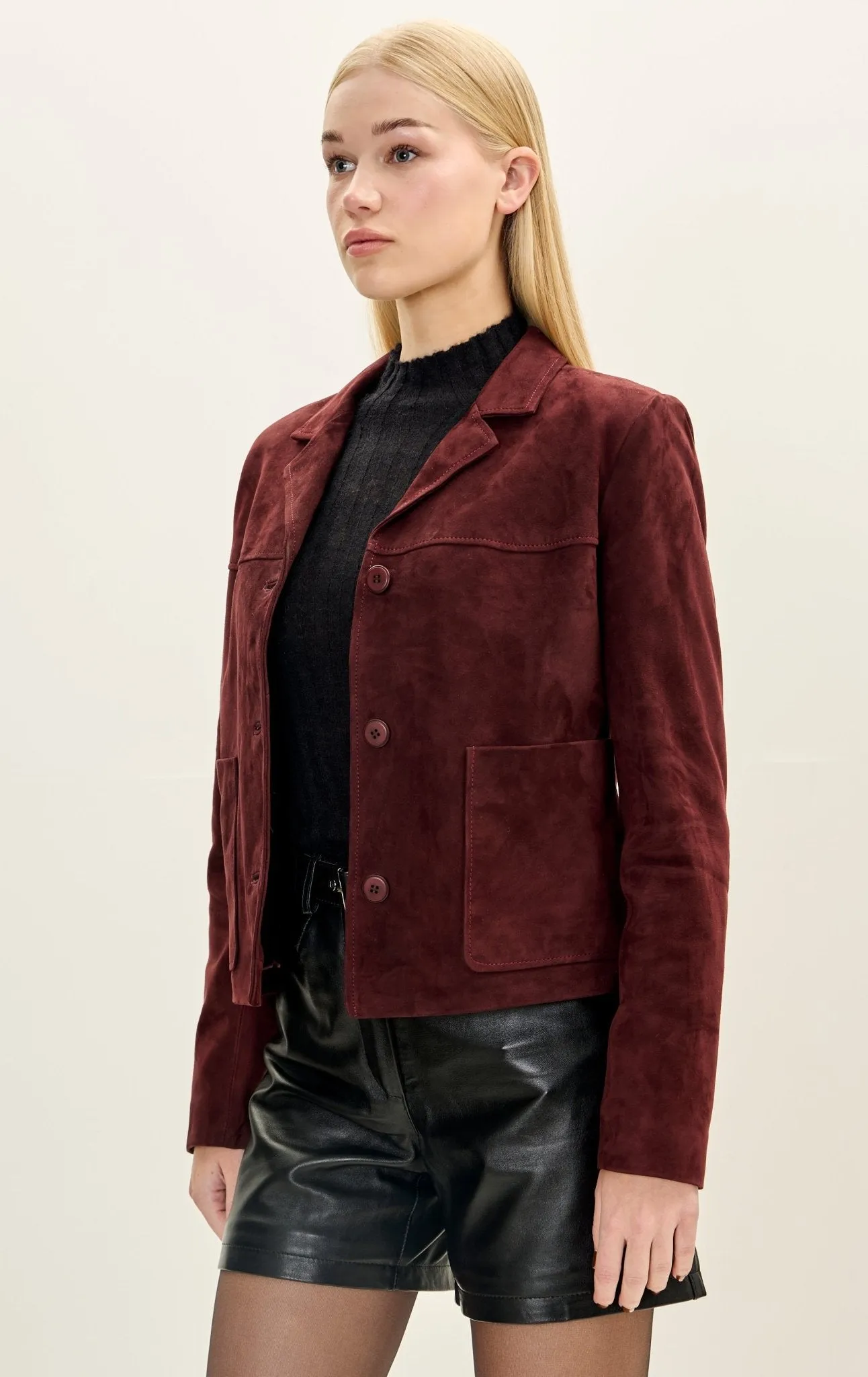 Lambskin Leather Short Suede Jacket - Burgundy