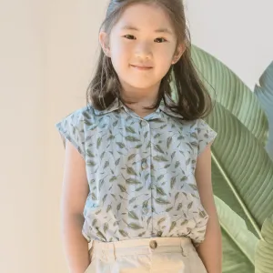 Leafy Prints Cotton Top, Sky