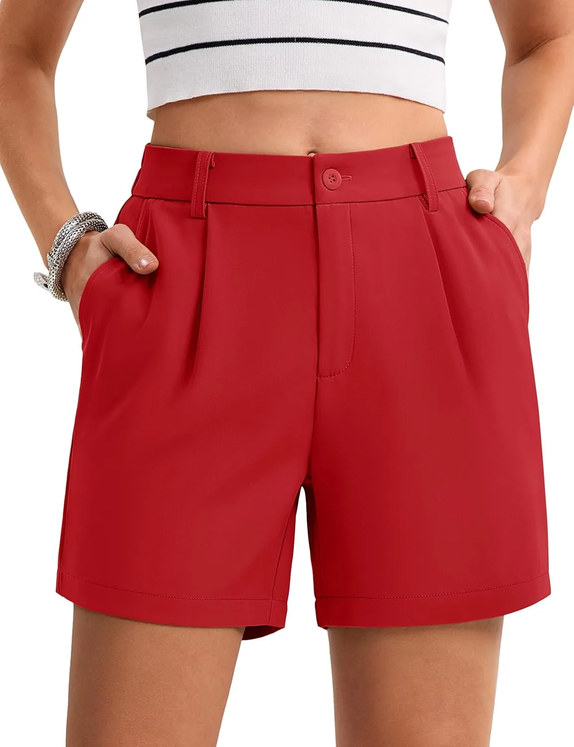MAGCOMSEN Shorts for Women Dressy Casual Summer Pleated Tailored Back Elastic Waist Trouser Shorts with Pockets
