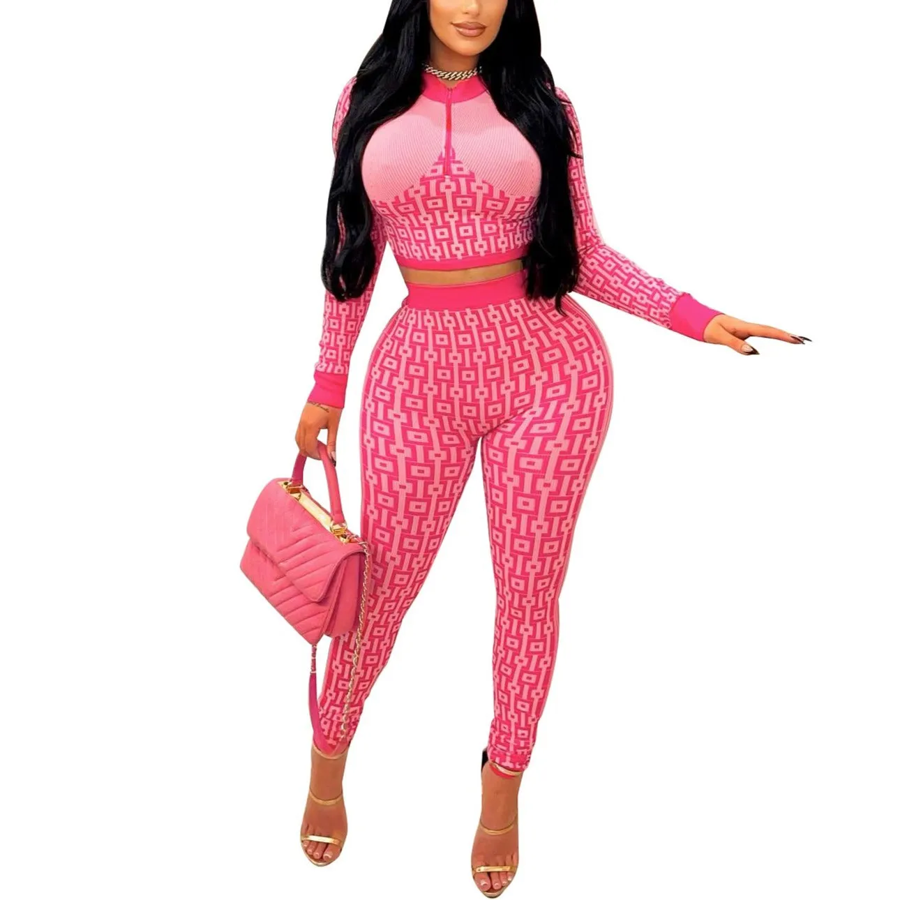 MB FASHION Geometric Patterned Crop Top and High-Waist Pants Set 2 PCS SET 8229LY