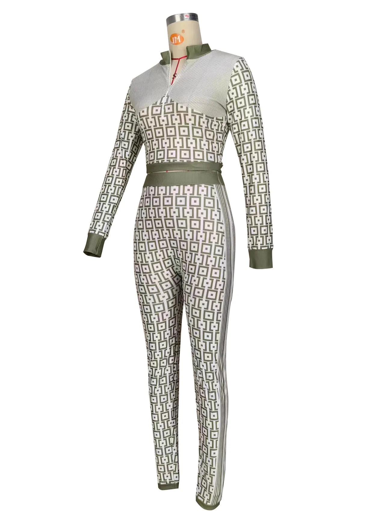MB FASHION Geometric Patterned Crop Top and High-Waist Pants Set 2 PCS SET 8229LY