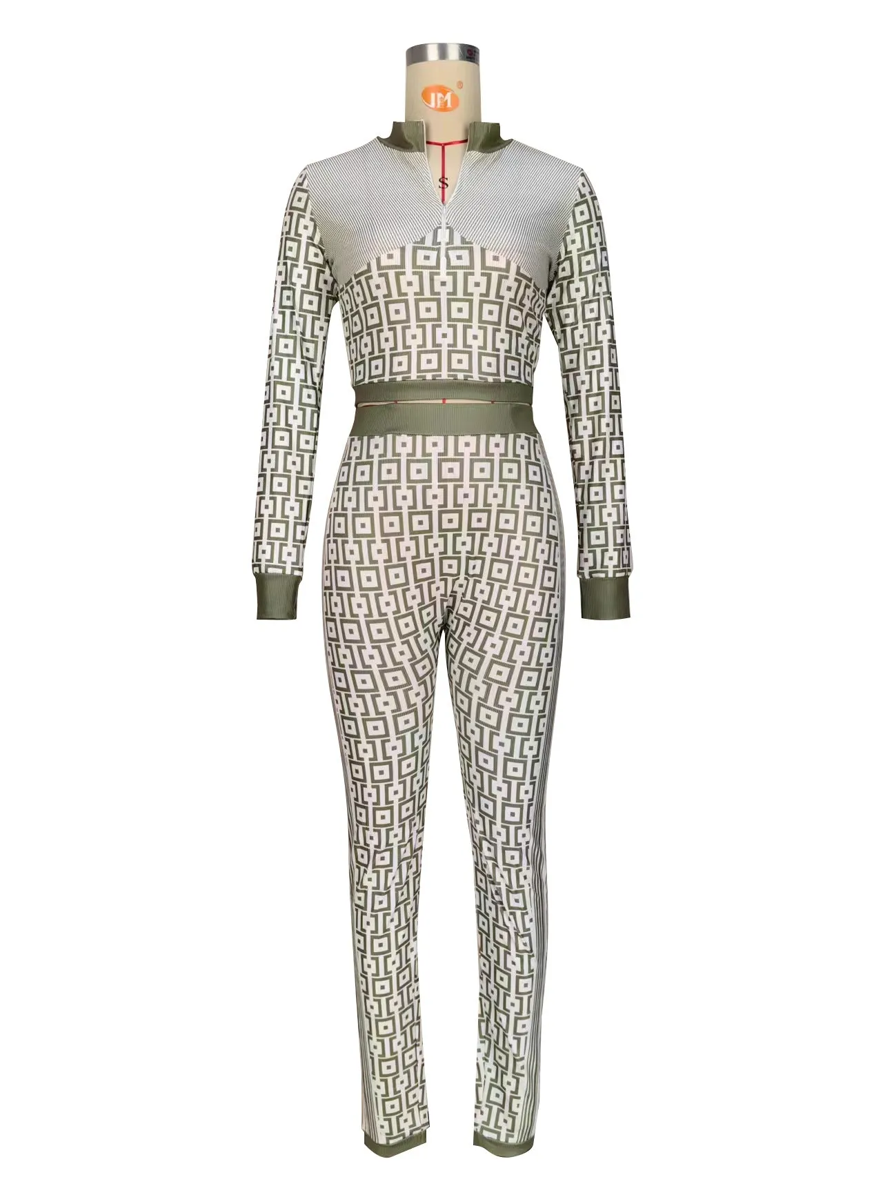 MB FASHION Geometric Patterned Crop Top and High-Waist Pants Set 2 PCS SET 8229LY