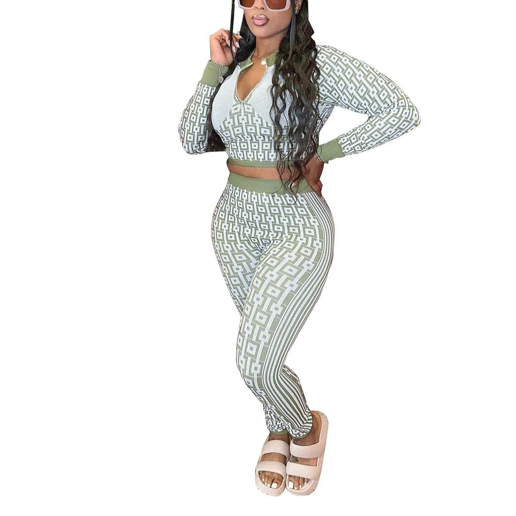 MB FASHION Geometric Patterned Crop Top and High-Waist Pants Set 2 PCS SET 8229LY