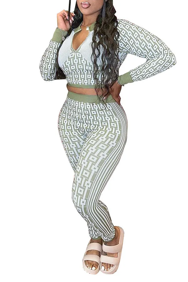 MB FASHION Geometric Patterned Crop Top and High-Waist Pants Set 2 PCS SET 8229LY