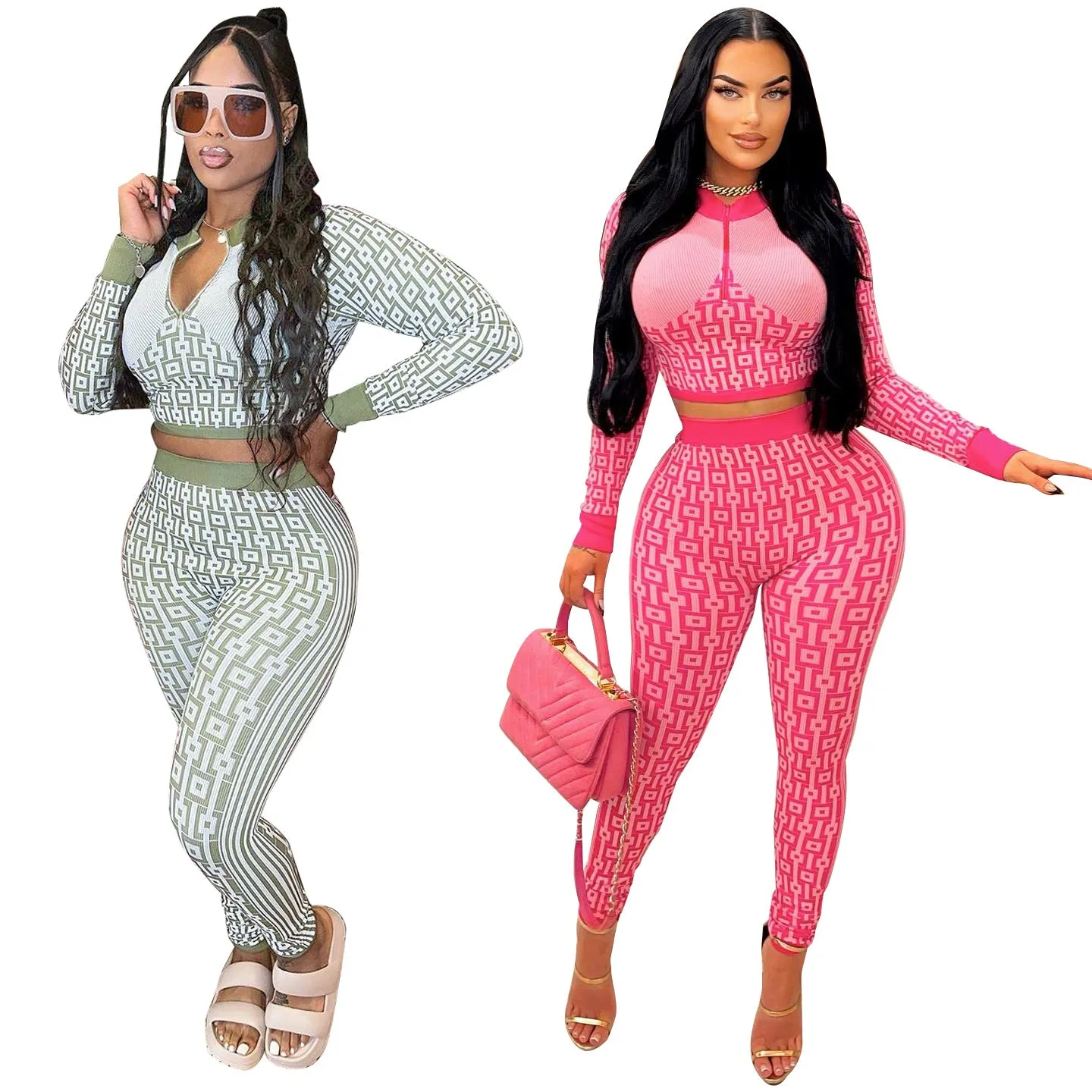 MB FASHION Geometric Patterned Crop Top and High-Waist Pants Set 2 PCS SET 8229LY