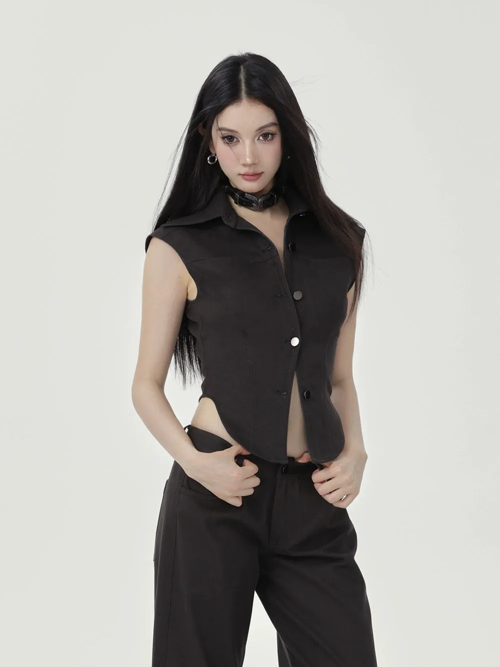 Sleeveless Collared Button-Up Waistcoat Top