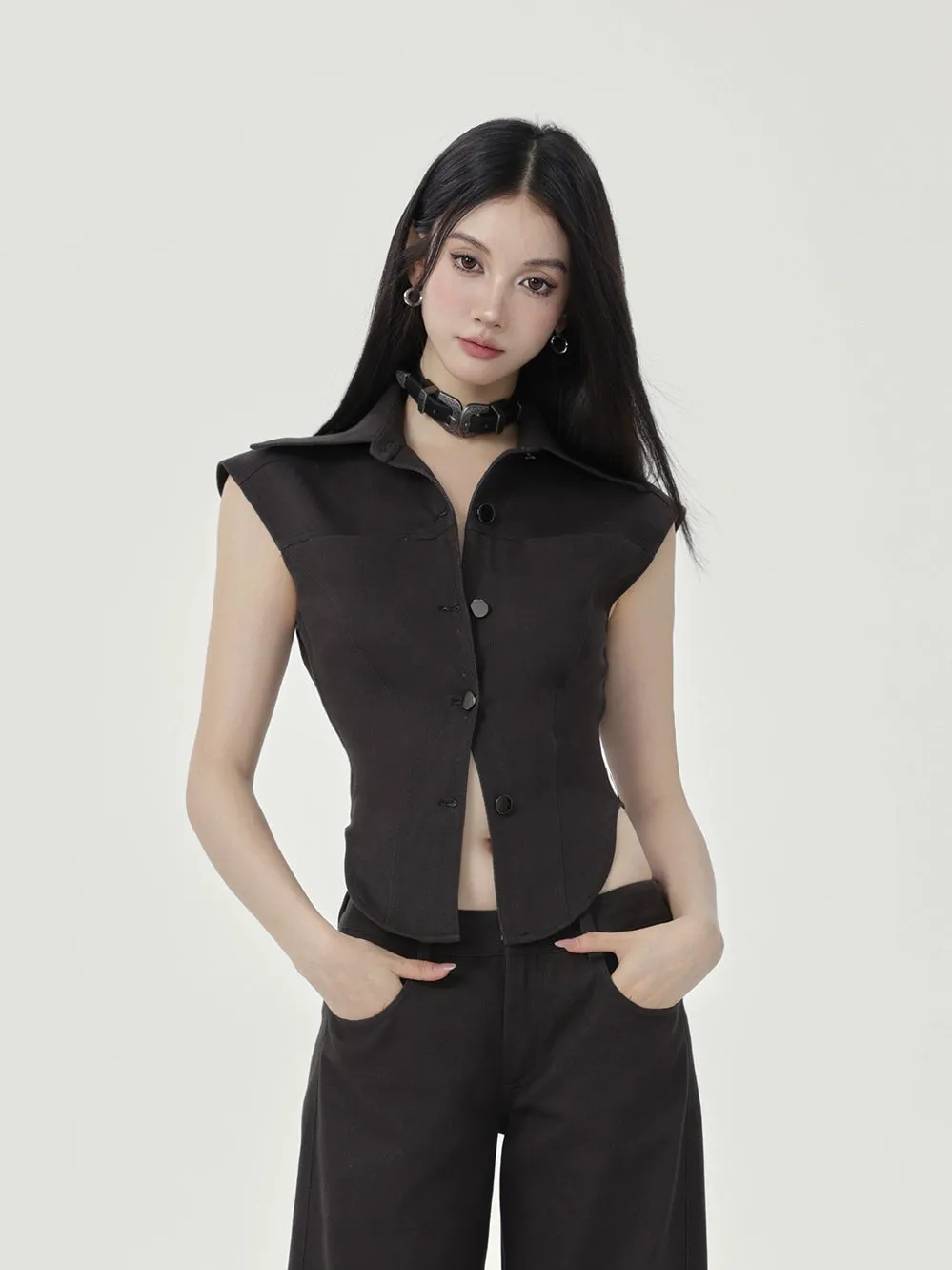Sleeveless Collared Button-Up Waistcoat Top