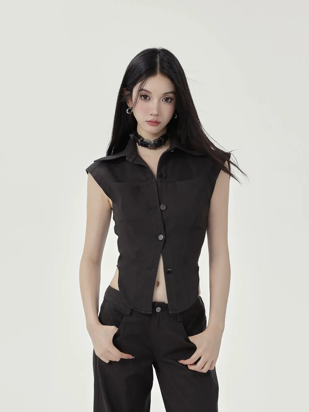 Sleeveless Collared Button-Up Waistcoat Top