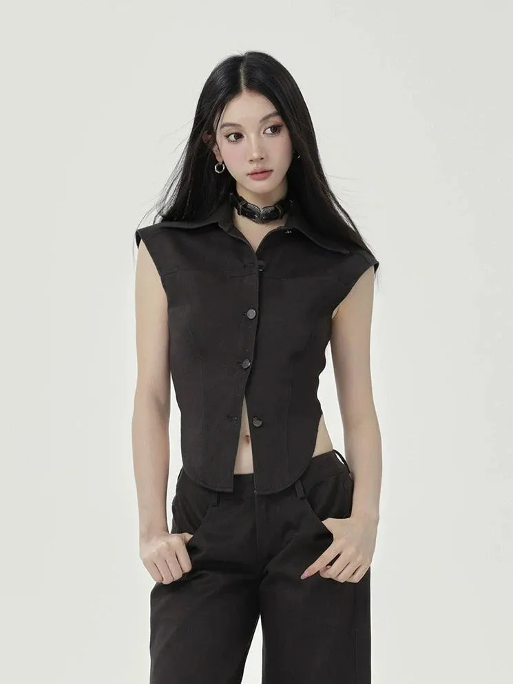Sleeveless Collared Button-Up Waistcoat Top