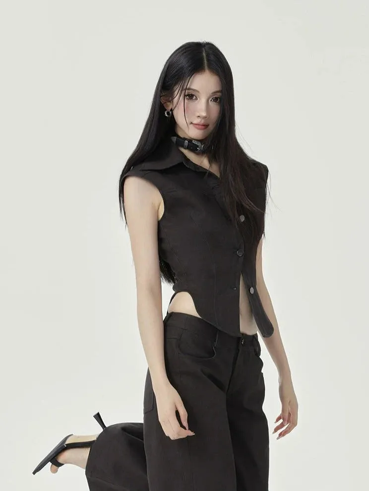 Sleeveless Collared Button-Up Waistcoat Top