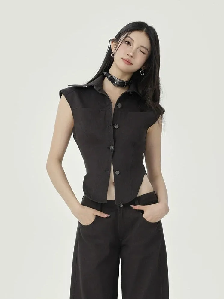Sleeveless Collared Button-Up Waistcoat Top