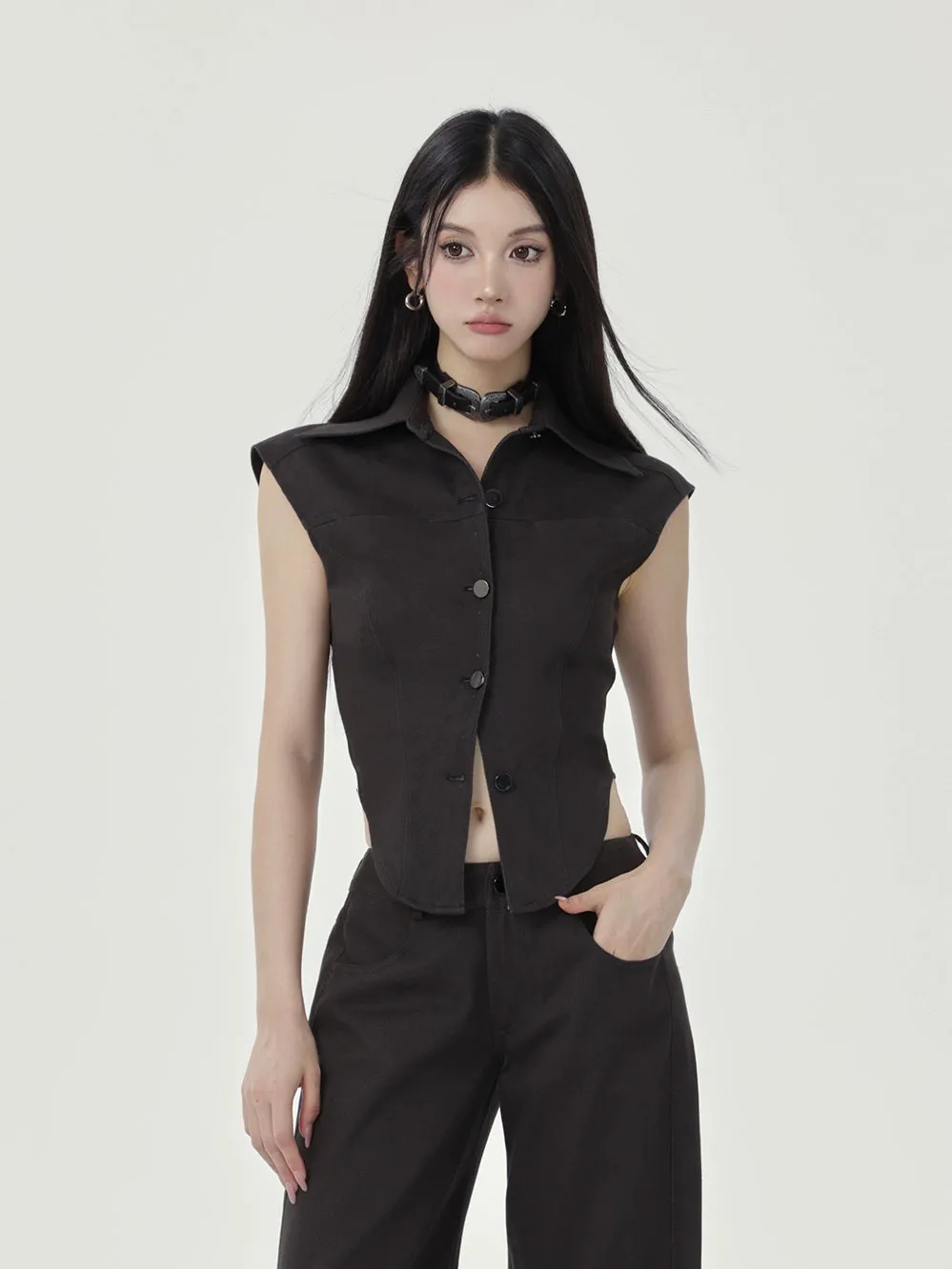 Sleeveless Collared Button-Up Waistcoat Top