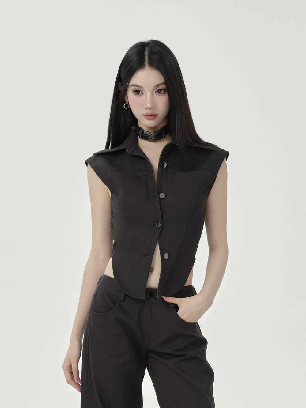 Sleeveless Collared Button-Up Waistcoat Top