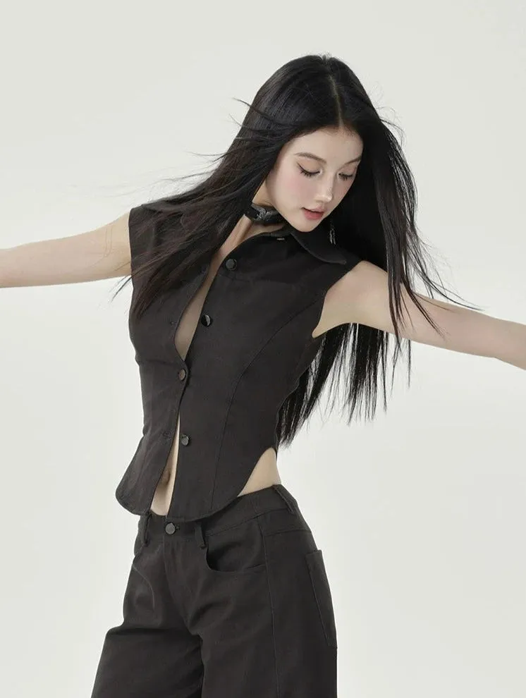 Sleeveless Collared Button-Up Waistcoat Top