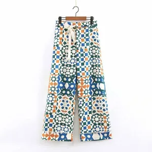 stylish geometric print straight ankle length pants pleated elastic waist tie button fly design trousers