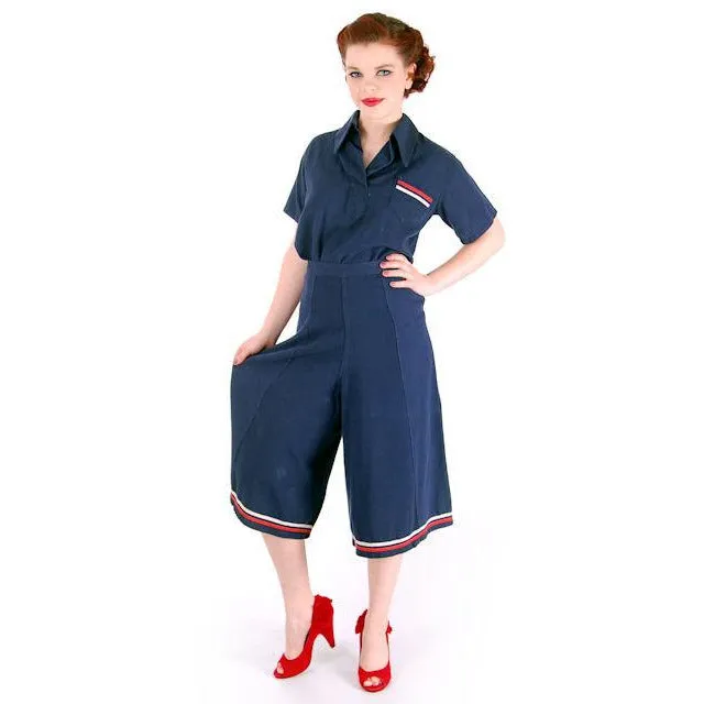 Vintage Ladies WW 2 SPORTSWEAR Culotte Pants Set Nautical Theme 1940s 40-28-41
