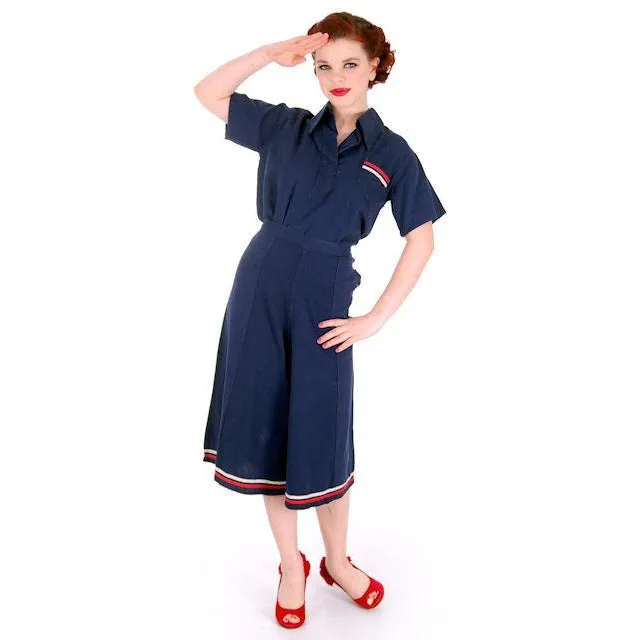 Vintage Ladies WW 2 SPORTSWEAR Culotte Pants Set Nautical Theme 1940s 40-28-41