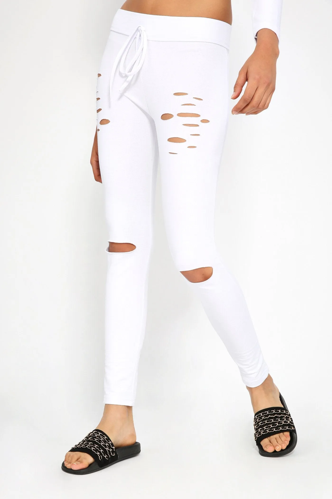 White Ripped Fitted Jogging Bottoms