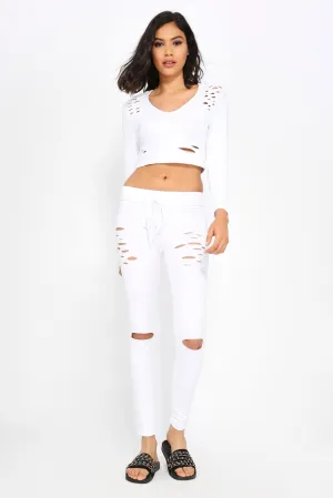 White Ripped Fitted Jogging Bottoms